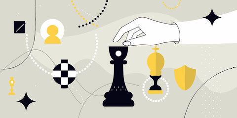 Strategic game concept with chess pieces hand and abstract geometric elements © Kopil
