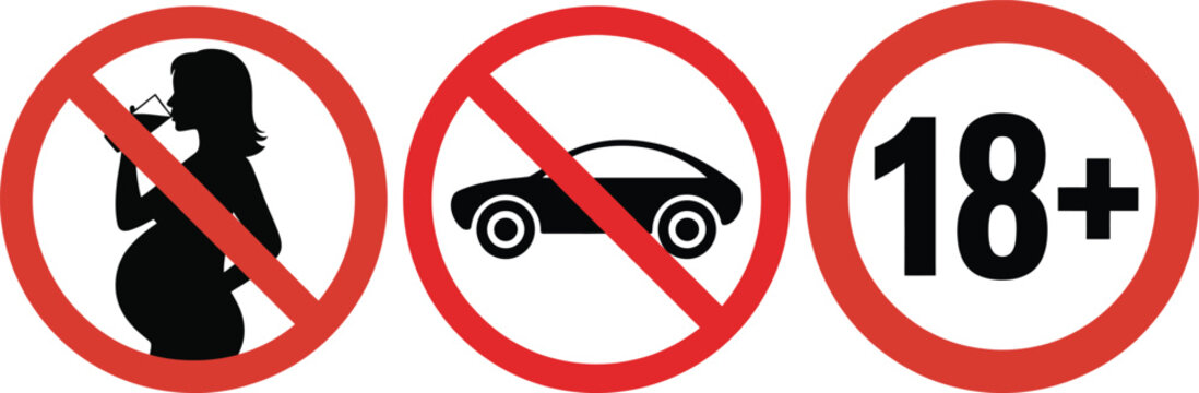 Collection of prohibition signs including no drinking during pregnancy and 18+ age restriction