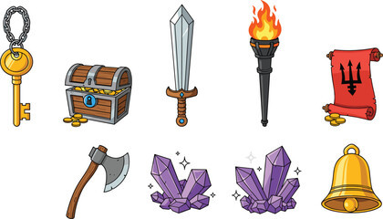 Fantasy RPG Game Icons Set with Weapons Treasure Magic Crystals Torch Scroll and Medieval Adventure Elements
