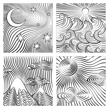  Set black and white  patterns pictures op art style.Nature's elements.