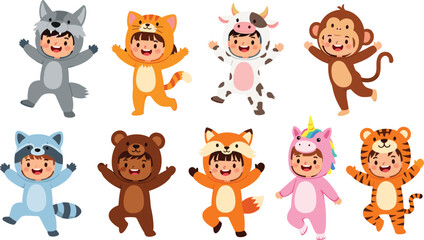 Happy kids wearing animal costumes set with cute jumping children characters, playful cartoon fantasy vector illustration