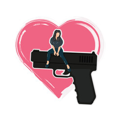 Conceptual vector illustration showing a woman sitting on a gun in front of a heart shape, symbolizing toxic love, emotional pain, relationship danger, and the destructive side of romance