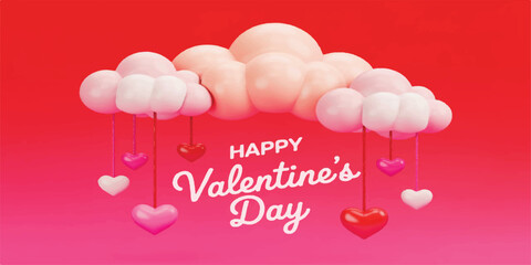 Happy Valentine's Day 3D Glossy Red Heart Background: Elegant Romantic Greeting Card Design and Festive Love Hearts Wallpaper Illustration for Social Media, Gifts, and Digital Celebration Deco