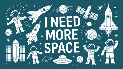 Funny Space Theme Illustration with Astronauts, Rockets, and Planets