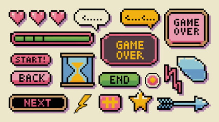 Retro Pixel Art Game Icons and UI Elements Collection