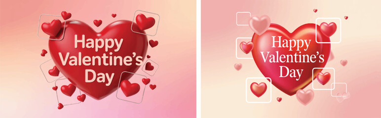 Happy Valentine's Day 3D Glossy Red Heart Background: Elegant Romantic Greeting Card Design and Festive Love Hearts Wallpaper Illustration for Social Media, Gifts, and Digital Celebration Deco