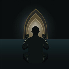 A dark minimalist vector illustration of a man sitting and praying with raised hands, facing a glowing archway