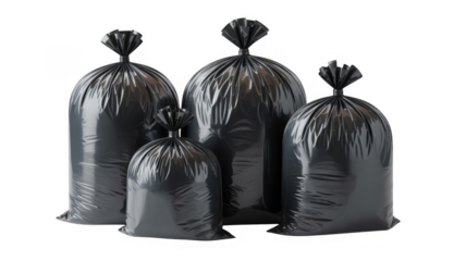 Black trash bags in different sizes garbage waste isolated on a transparent background