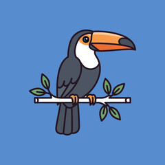 Naklejka premium A cartoon toucan bird with a large orange beak perched on a branch with green leaves against a blue background.