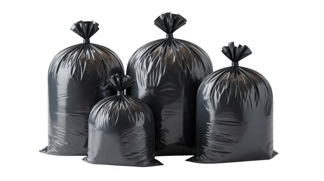 Black trash bags in different sizes garbage waste isolated on a transparent background