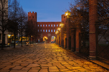 Turin, Italy. Evening view of Porta Palatina, the ancient Roman gate of Augusta Taurinorum, with...