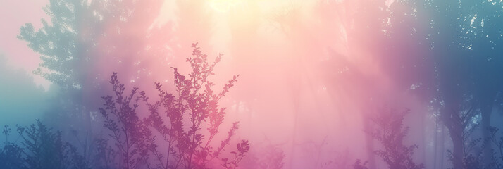 Dreamy pastel forest landscape with soft fog, gentle light rays and silhouettes of trees and plants creating calm cinematic atmosphere and abstract nature background