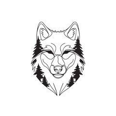 Minimalist One-Line Drawing of Wolf Head with Pine Forest Silhouette, Wildlife Nature Line Art Vector Illustration
