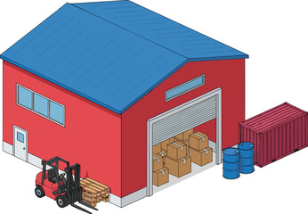 Isometric warehouse building with forklift and cargo boxes, industrial logistics storage facility vector illustration