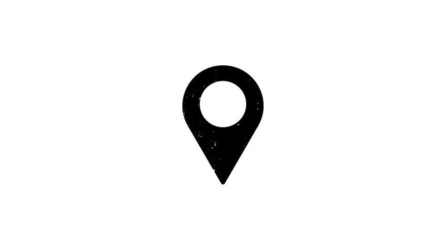 Animated black map marker icon with a distressed grunge texture for vintage travel maps navigation apps and artistic location tracking on a white background.
