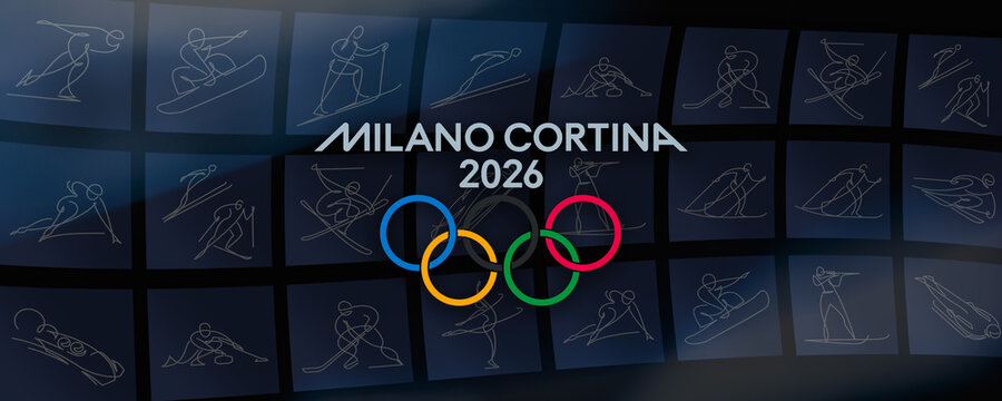 MILAN, ITALY, DECEMBER 12, 2025 The official Milano Cortina 2026 Winter Olympic Games logo featuring the white emblem and rings against sport pictograms symbolizing the upcoming global competition