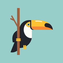 Fototapeta premium Minimalist flat design illustration of a toucan bird perched on a brown branch against a light blue background.