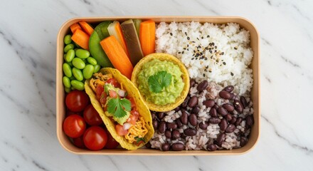 Colorful Vegetarian Bento Box with Rice and Tacos