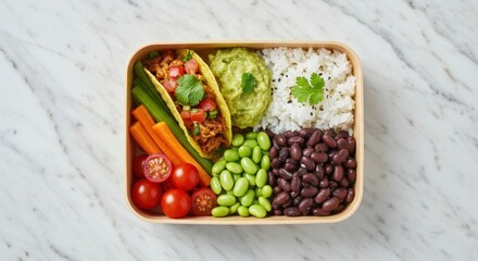 Colorful Healthy Meal Prep Box with Tacos and Vegetables