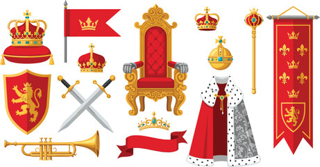 Medieval royal symbols collection with crown throne swords banners and regalia, monarchy and kingdom themed vector illustration
