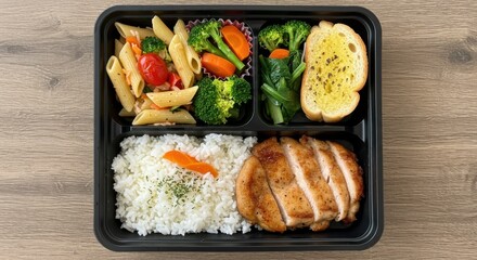 Delicious and Colorful Meal in a Black Bento Box Container