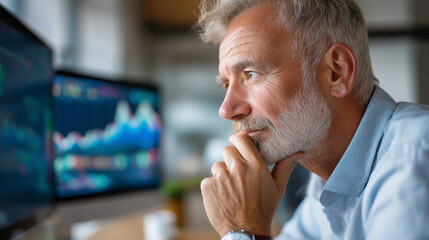 Focused senior faceless analyst studying financial data on modern computer screen, visualizing stock trends and market analytics, creating impactful business strategies, with copy 