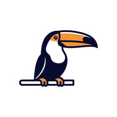 Obraz premium A simple graphic illustration of a toucan bird with an orange and black beak perched on a branch, isolated on white.