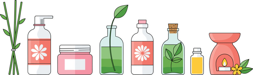 Natural aromatherapy and cosmetic bottles set with essential oils herbs and spa accessories, minimalist wellness vector illustration