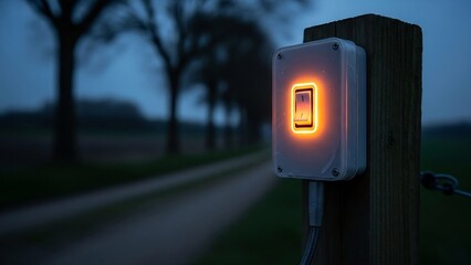 オレンジ色の光を放つスイッチボックス、夕暮れ時の風景に設置された電化製品のクローズアップ写真