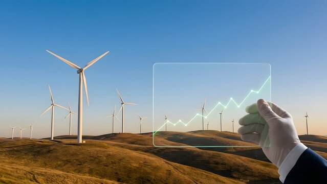 Hand Holding Digital Growth Chart Over Wind Farm Landscape - Powered by Adobe