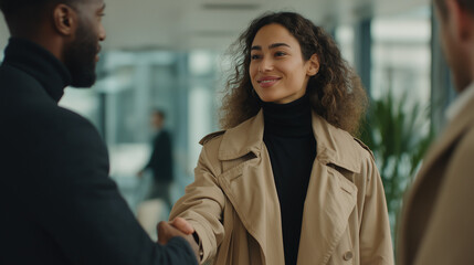A smiling young woman with curly hair shakes hands with a business partner, symbolizing a successful deal, trust, and a new financial agreement