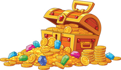 Open Treasure Chest Filled With Gold Coins And Colorful Gems Cartoon Vector Illustration For Games And Fantasy Concepts