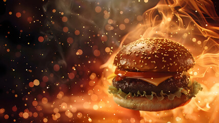Floating burger in atmospheric glow with spices creating an auroral effect