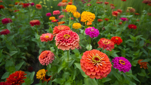 A field of vibrant zinnias in various shades and sizes, creating a lively and cheerful display of natural diversity. 
