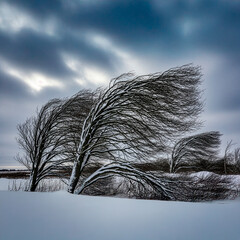 Bare Trees Bending and Blowing in a Winter Storm 104
