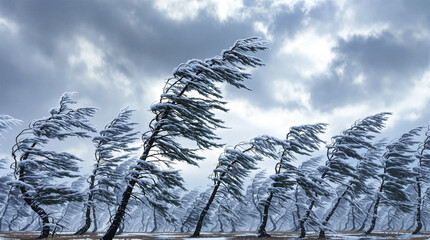 Bare Trees Bending and Blowing in a Winter Storm 112