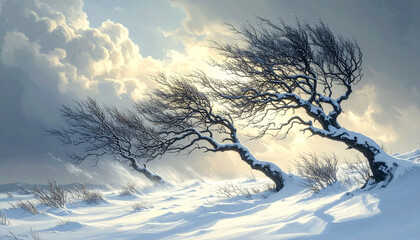 Bare Trees Bending and Blowing in a Winter Storm 116