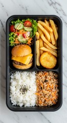 Delicious Meal Box Featuring Burger, Rice, and Fresh Salad