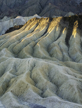 View of textured, undulating badlands bathed in the warm glow of the setting sun, casting long shadows and highlighting the intricate details, Zabriskie Point, California, United States.
