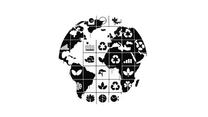 Eco friendly earth globe with recycling symbols and sustainable icons in black and white, representing environmental conservation and green initiatives on a white background