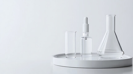Minimalist display of scientific glassware: a test tube, a dropper bottle, and a flask, all transparent, arranged on a white tray against a plain backdrop. Clean and sterile aesthetic.