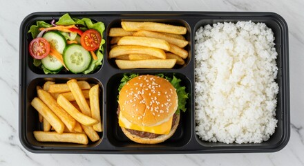 Delicious gourmet dinner dish of fried rice with shrimp and healthy green vegetables served as a cooked meal on a white plate