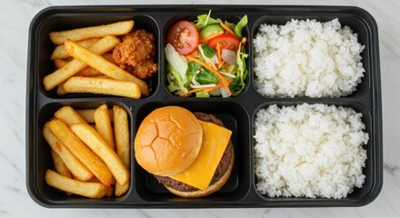Delicious Meal Tray with Burger, Fries, and Fresh Salad