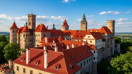 Obraz premium 古代城、赤茶色の屋根とベージュの石壁が織りなす歴史的建造物。青空を背景に堂々とそびえ立つ、美しいランドマーク。建造美を捉えた一枚。