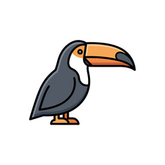 Naklejka premium Simple cartoon illustration of a toucan with a large orange beak and dark grey body, standing on a white background.