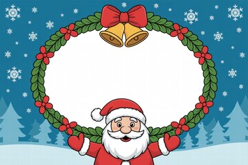 Festive Christmas scene featu Santa Claus holding a decorative wreath with bells and bow, snowflakes and winter trees in background for holiday cheer