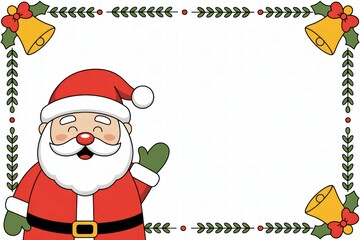 Festive Christmas Santa Claus cartoon character waving with holiday border design featu bells holly and snowflakes suitable for seasonal greetings cards or holiday decorations