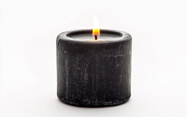 Black Candle with Flickering Flame Isolated On White Background.
