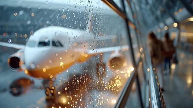 Flugzeug am Flughafen bei Regen hinter nasser Fensterscheibe