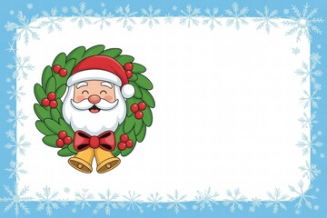 Festive Christmas Santa Claus face with joyful expression surrounded by holly berries and leaves on a white background with blue snowflake border